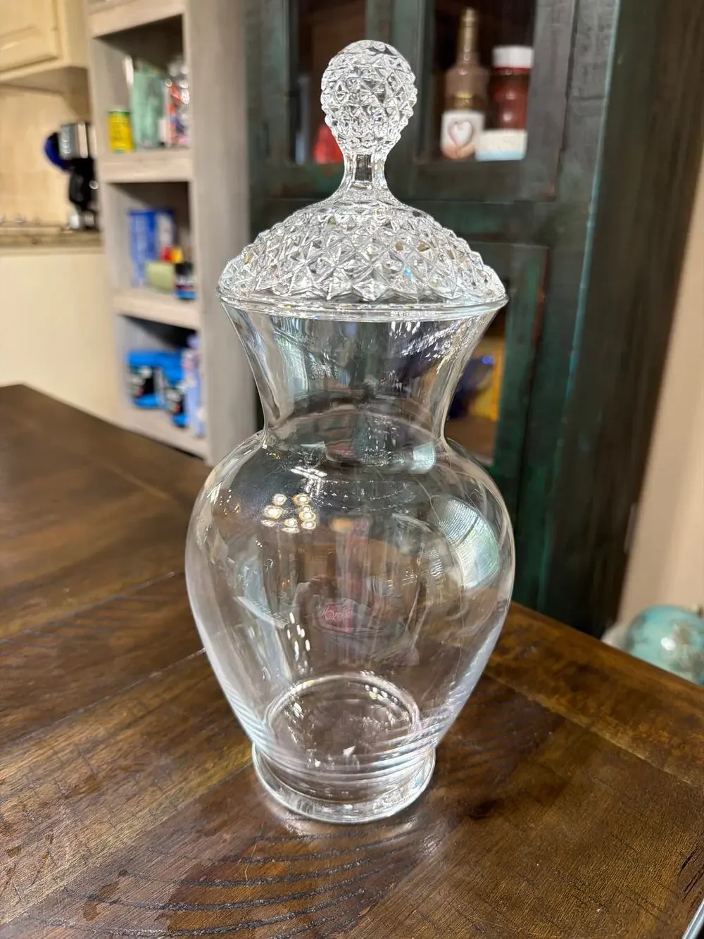Vintage Clear Crystal Glass Large Covered Jar Diamond Point Lid Ball Finial